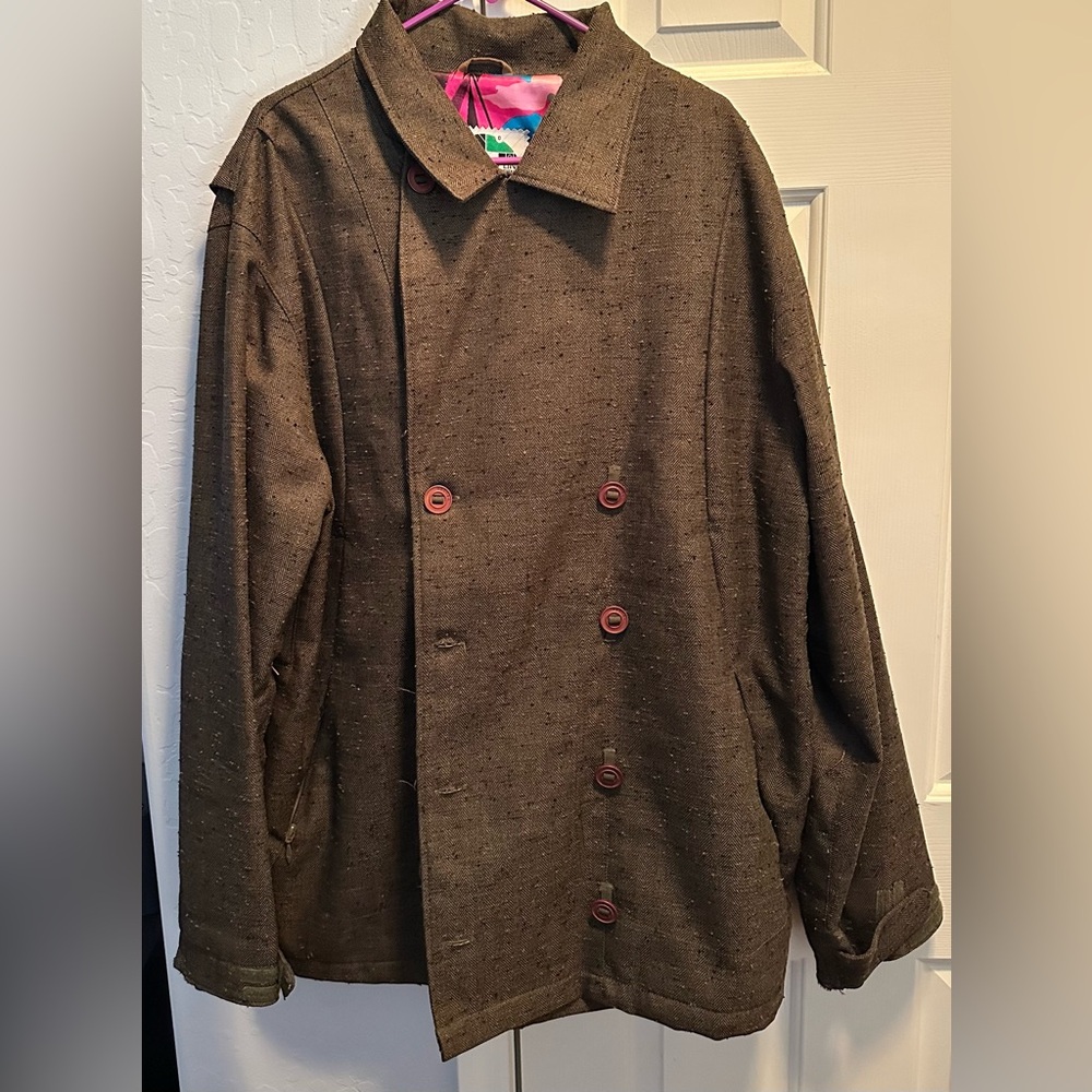 Volcom Men's Brown Double-Breasted Pea Coat with Red Buttons